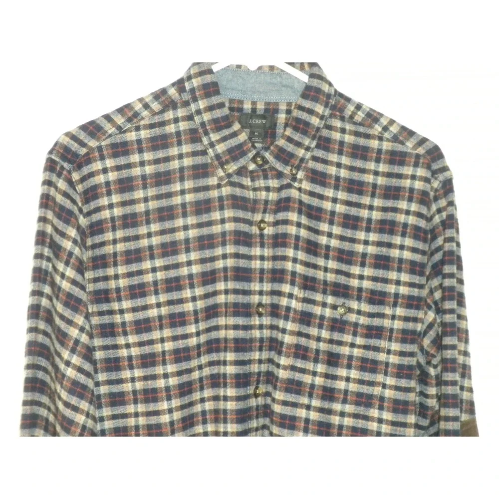 J Crew Shirt Mens M Blue Brown Plaid Flannel Wool Blend‎ Leather Elbow Patch